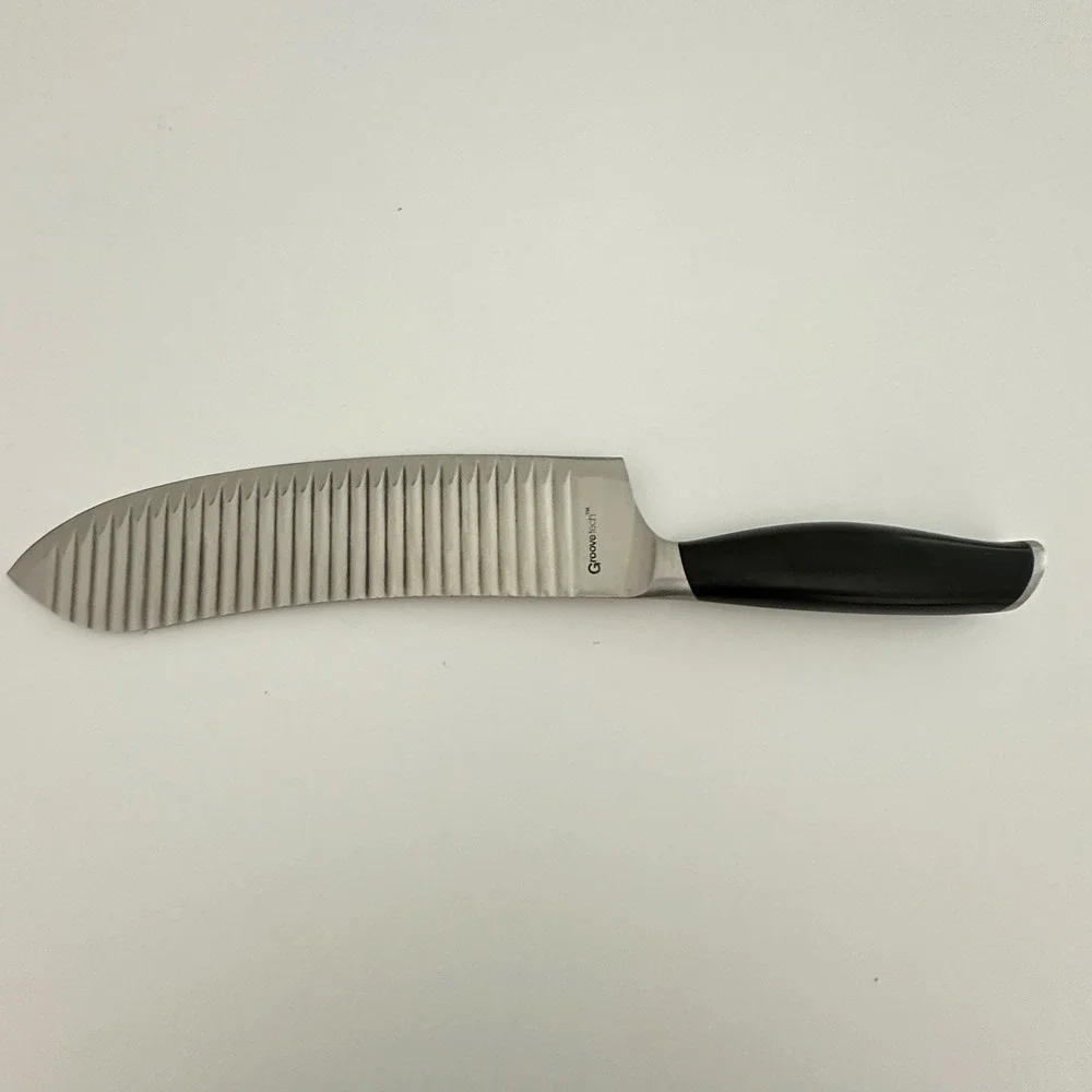 Groovetech Santoku Knife 7 inch Non-Stick Grooved Blade with Sheath Silver Black